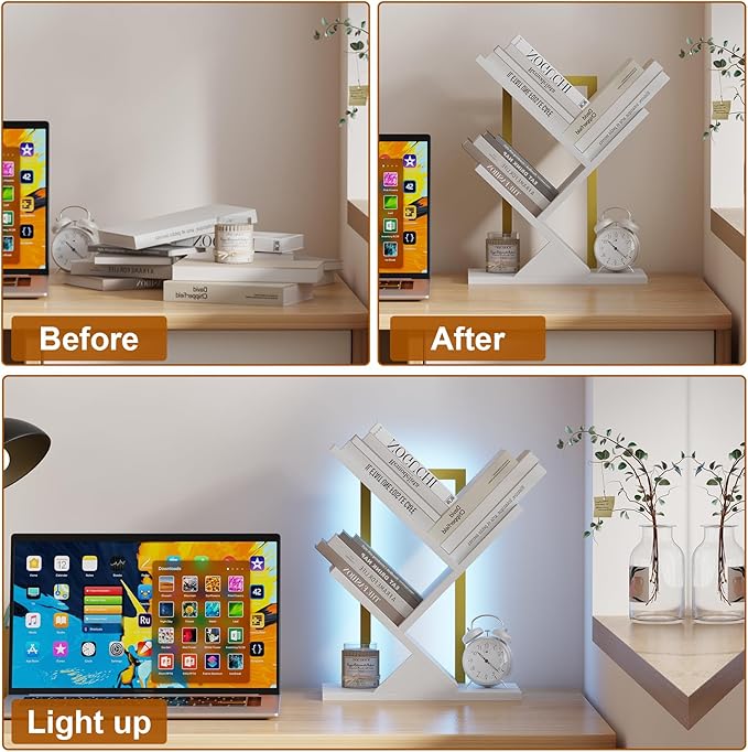 Tree Bookshelf with LED Lights, 3 Tier Floor Standing Bookcase, Classical - Image 4