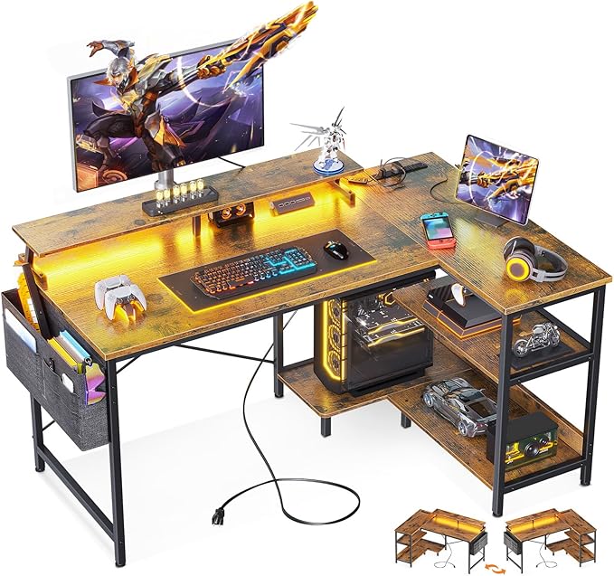 ODK 48 Inch Gaming Desk with USB Charging Ports and LED Lights, Reversible L by ODK