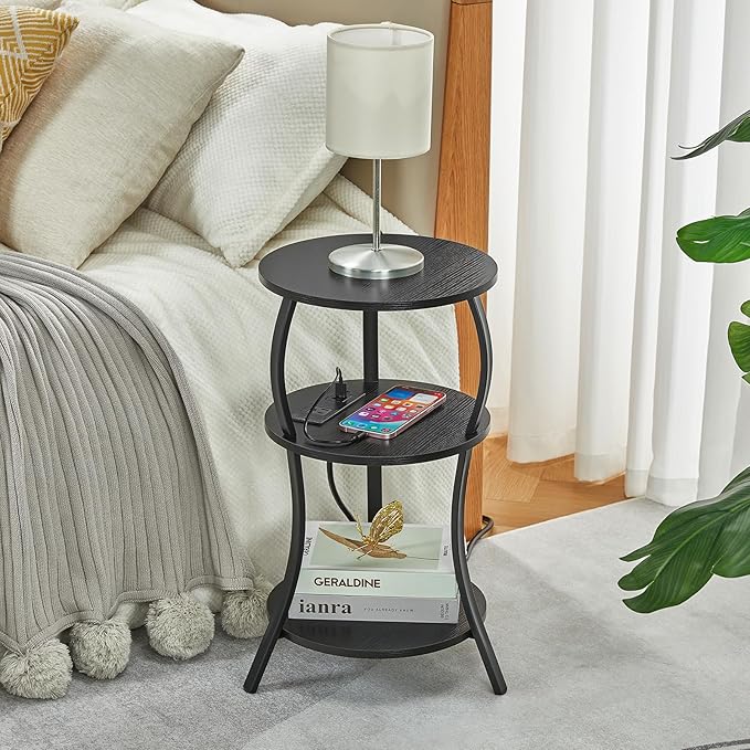 Small Round Side Table with Charging Station, 3-Tier Waist Circular End Table - Image 7