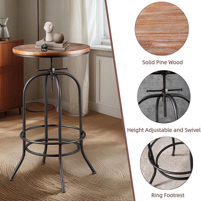 Industrial Bar Table Height Adjustable 37.4-45.3inch Vintage Swivel Pub Tables - Image 4