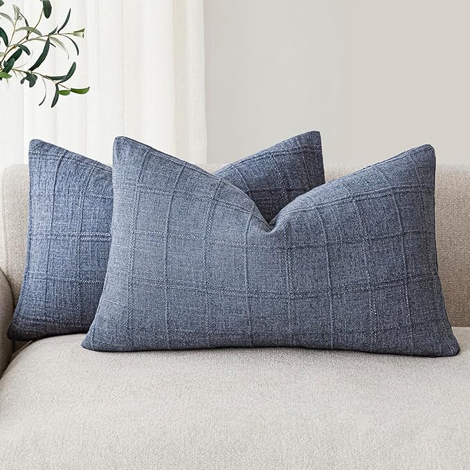 Foindtower Set of 2 Decorative Linen Check Throw Pillow Covers Neutral by Foindtower