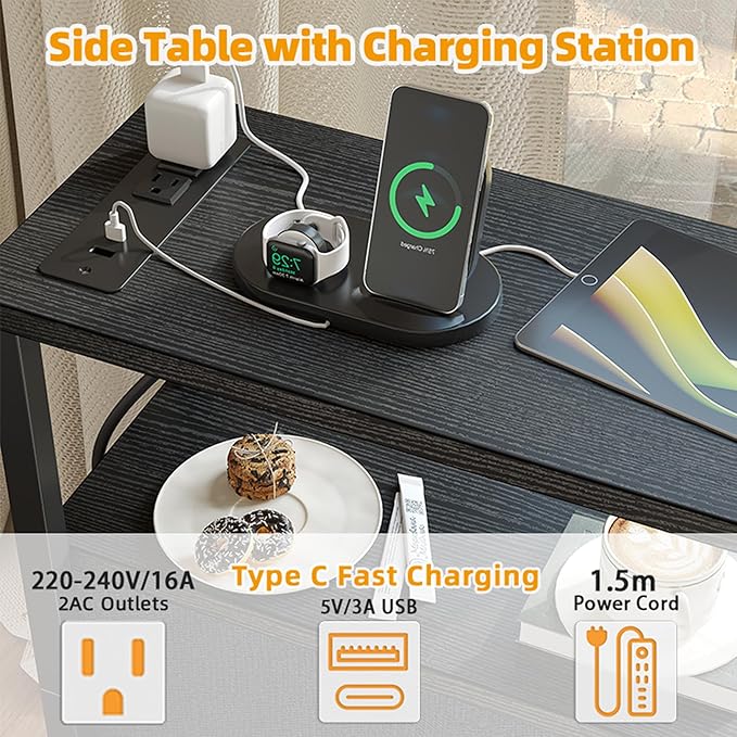 TIQLAB End Table with Charging Station, Narrow Side Table with 2 Fabric Drawers - Image 5