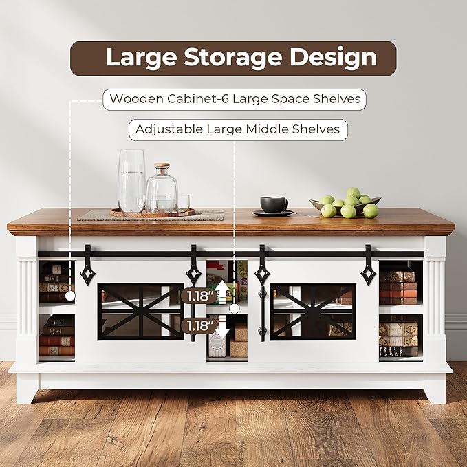 IRONCK 48'' Coffee Table with Sliding Barn Doors, Rustic Center Table with 6 - Image 3