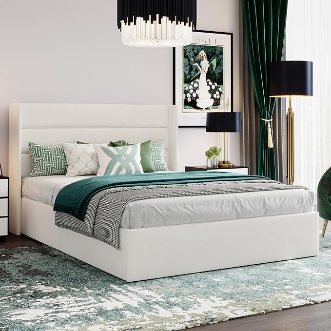 SHA CERLIN Queen Size Lift Up Storage Bed/Velvet Upholstered/Modern Wingback - Image 8