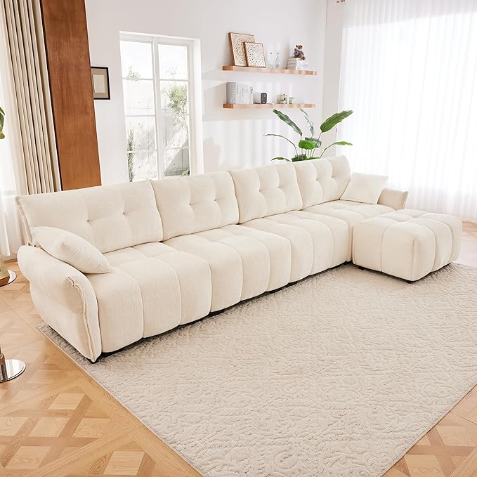 Modern Chenille Fabric 4-Seat Sofa w/Ottoman+2 Pillows, Premium Upholstery by FAVSH
