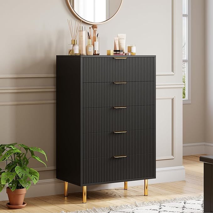 GarveeHome Black Dresser, Modern 5 Drawer Dresser by GarveeHome