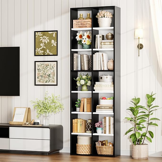 FOTOSOK 71'' Tall Bookshelf, Double Wide Media Tower Rack CD DVD Rack Display - Image 2