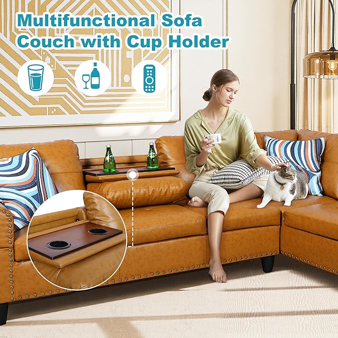 Couches for Living Room PU Leather L Shaped Couch Comfy 3 Pieces Sectional Sofa - Image 6