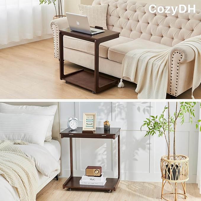 CozyDH Adjustable C Shaped End Table, Rolling Side Table Solid Wood TV Sofa - Image 8