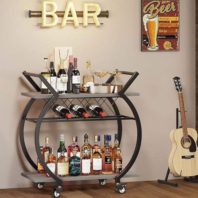 LVB Bar Cart with Wine Rack, 2 Tier Farmhouse Kitchen Cart on Wheels, Modern - Image 3