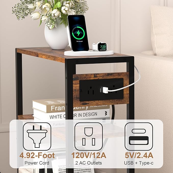 Small Narrow Side Table with Charging Station, Skinny End Table - Image 6