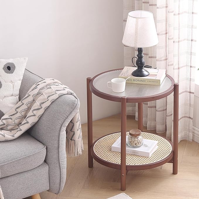 Tiita Rattan Coffee Table, Round End Table, 2-Tier Modern Side Table, Small - Image 5