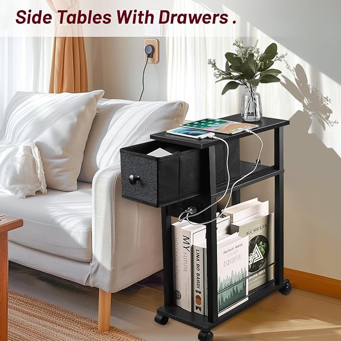 Side Table with Charging Station and Drawer, Narrow End Table with USB Ports - Image 4