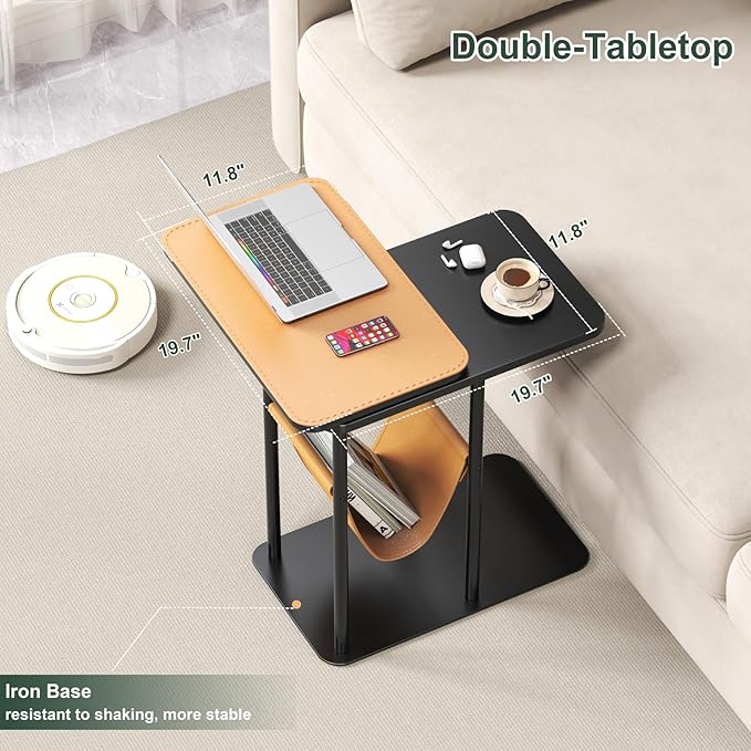 C Table End Table, Metal Base C Shaped Side Table, Double Tabletop Laptop Stand - Image 4