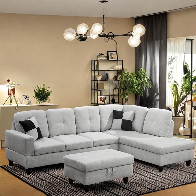 L Shaped Sectional Couch with Otttoman, Apartments, Light Grey - Image 5