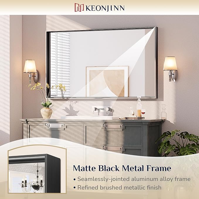 Keonjinn Black Bathroom Mirror 40 x 24 Inch, Metal Frame Black Mirror - Image 6