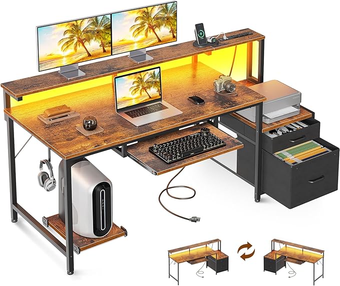 AODK Computer Desk with Drawers and Keyboard Tray, Reversible Study Work Desk by AODK