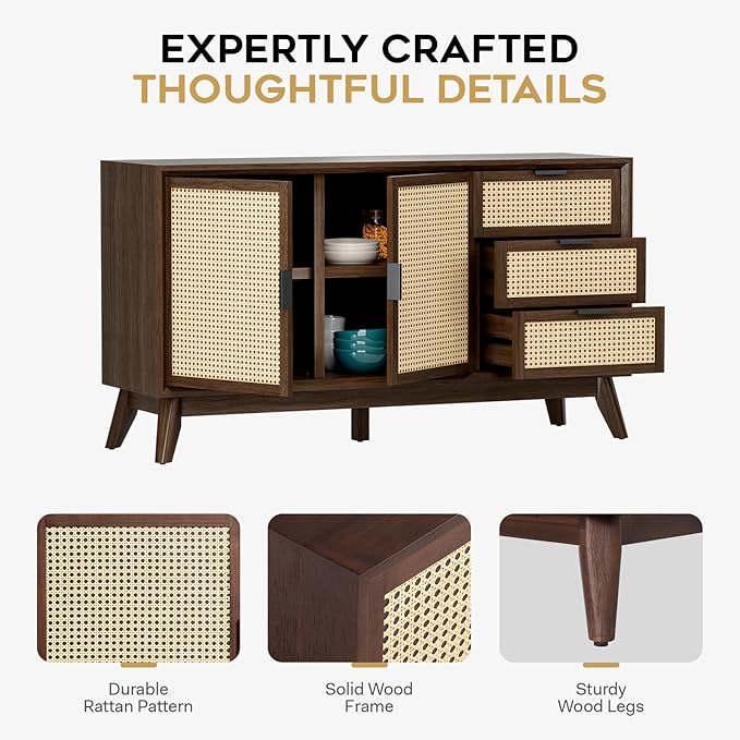 Bme Jasper Sideboard with 3 Drawers & 2 Rattan Doors, Buffet Cabinet with - Image 4