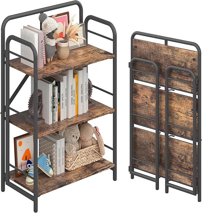 4NM No Assembly Folding Bookshelf 3 Tiers Vintage Industrial Black Book Shelf by 4NM