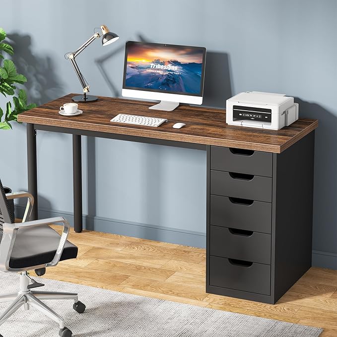 Tribesigns Computer Desk with 5 Drawers, 47 inches Rustic Brown Home Office by Tribesigns