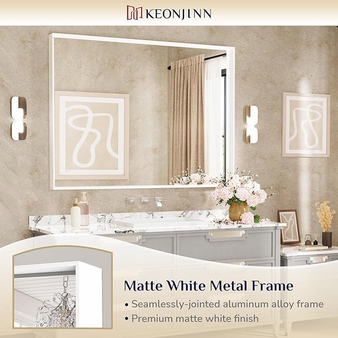 Keonjinn 48” x 36” White Bathroom Vanity Mirror Metal Framed Large Bathroom - Image 6
