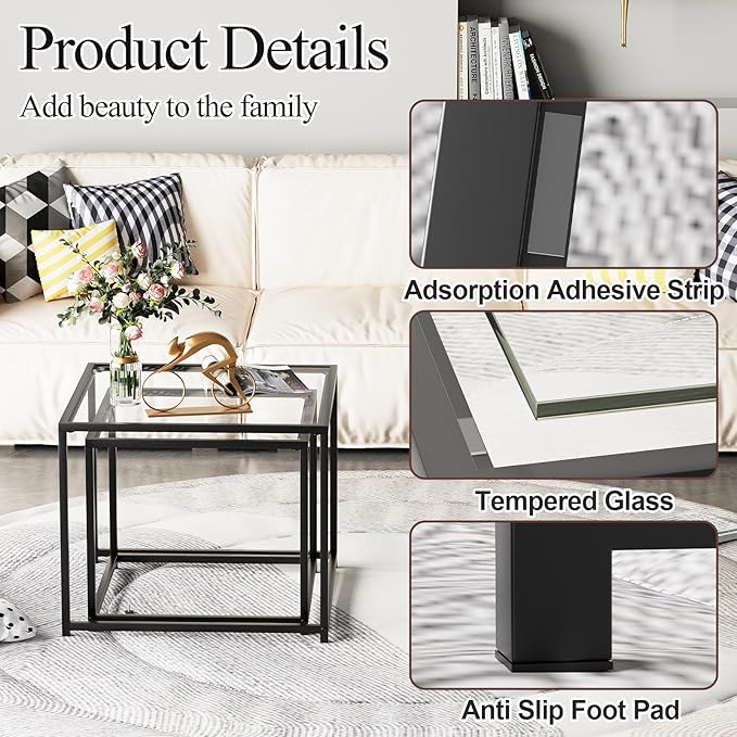 VILAWLENCE Coffee Table Set of 2, Modern Black Glass Side Table, Metal Frame - Image 5