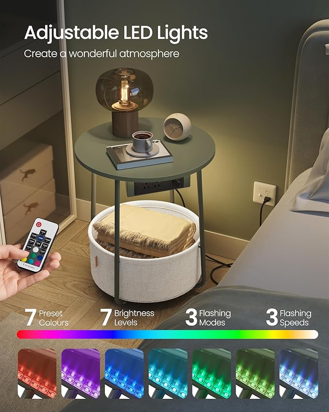 VASAGLE Side Table with Charging Station, Round End Table with Fabric Basket - Image 3