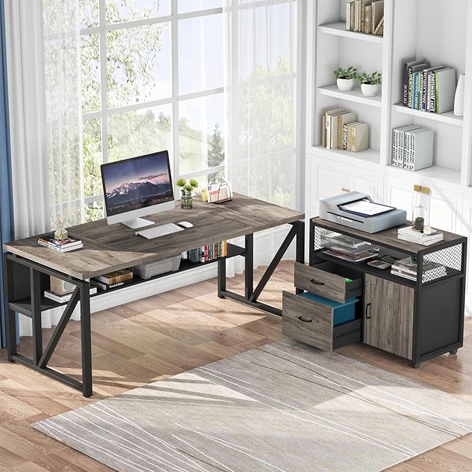 Tribesigns L Shaped Desk with Drawer Cabinet, 2 Piece Home Office Furniture - Image 2