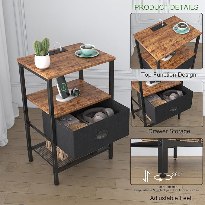 Sthmec Nightstands with Charging Station, LED Bedside Tables with Charging - Image 5