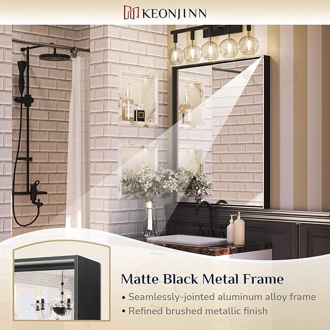 Keonjinn Black Bathroom Mirror 30 x 36 Inch, Metal Frame Black Mirror - Image 6