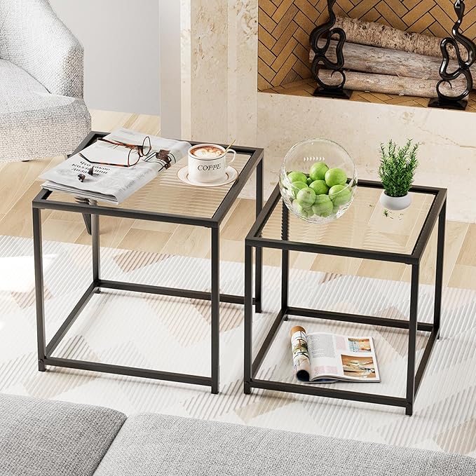 VILAWLENCE Coffee Table Set of 2, Modern Black Patterned Glass Side Table by VILAWLENCE