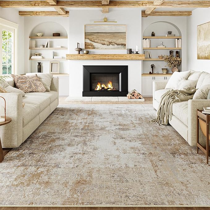 6x9 Washable Area Rug Gold Grey Neutral Abstract Living Room Bedroom Large by WondRg