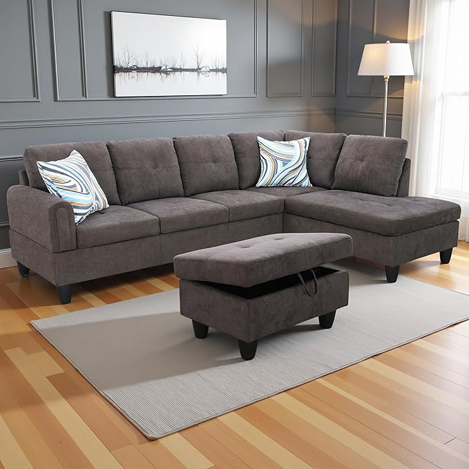 Couches for Living Room Modern L Shaped Couch Comfy Fluffy Fabric 3 Pieces - Image 4