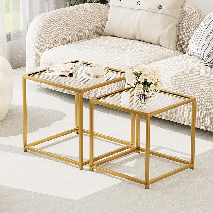 Garden 4 you Coffee Table Set of 2, Modern Patterned Glass Nesting Table by Garden4you