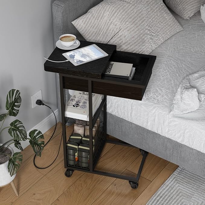 LIDYUK C Shaped End Table with Charging Station, Flip Top Side Table with USB - Image 2
