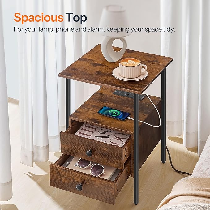 HOOBRO End Table with Charging Station, Bedside Table with 2 Drawer & USB Port - Image 4