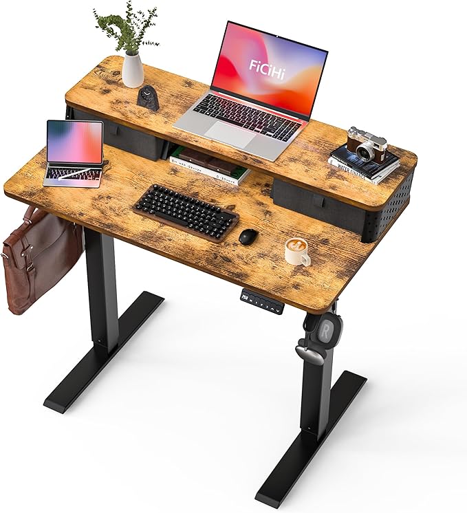 40x24 Inch Standing Desk with Double Drawers, C-Clamp Mount Compatible by FiCiHi