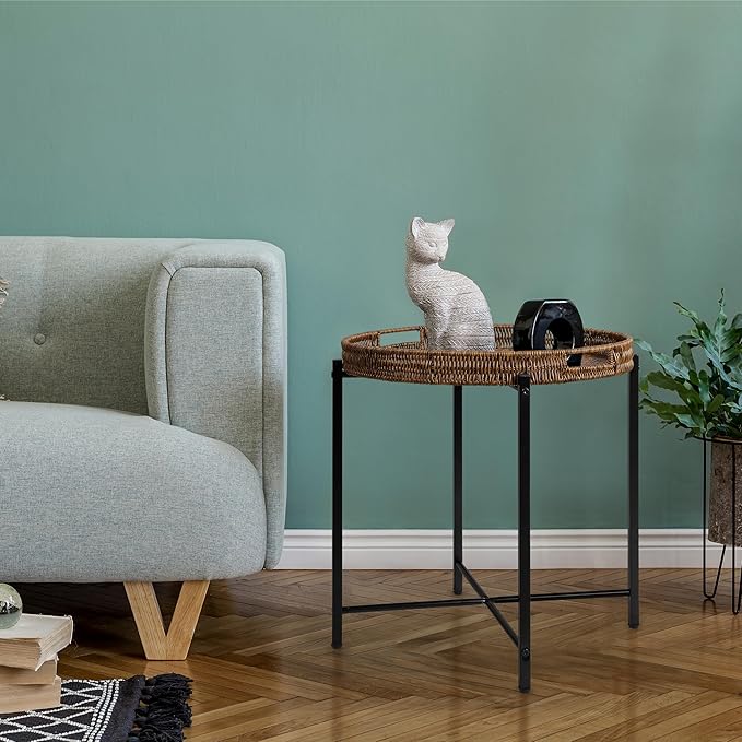 Brown Small Round End Table, 19in Rattan End Tables, Wicker Rattan Side Table - Image 6