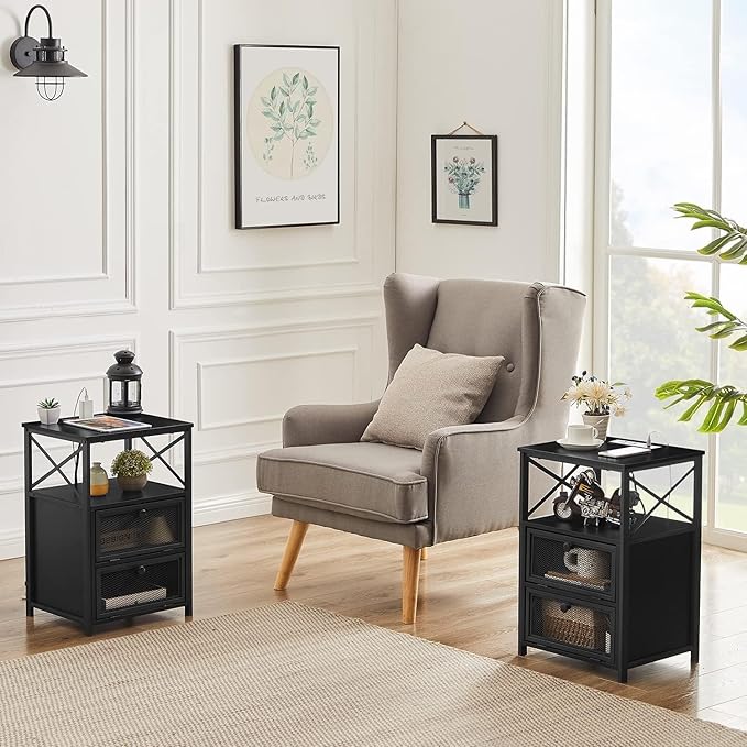 VECELO Black End Table with USB Ports and Outlets, 24 Inch Nightstands with - Image 7