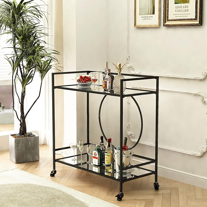 RiteSune Black Bar Cart with Wheels, Vintage Serving Cart Wine Cart with 2 - Image 4