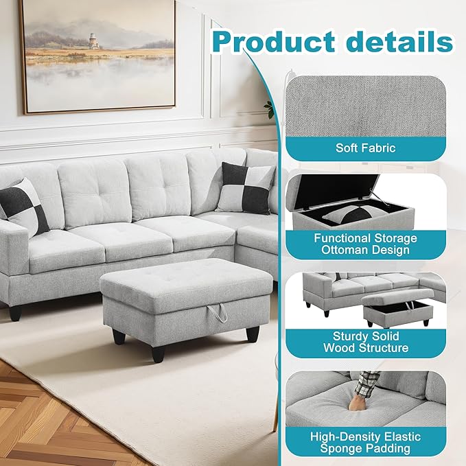Couches for Living Room Modern L Shaped Couch Comfy Flannel Fabric 3 Pieces - Image 5