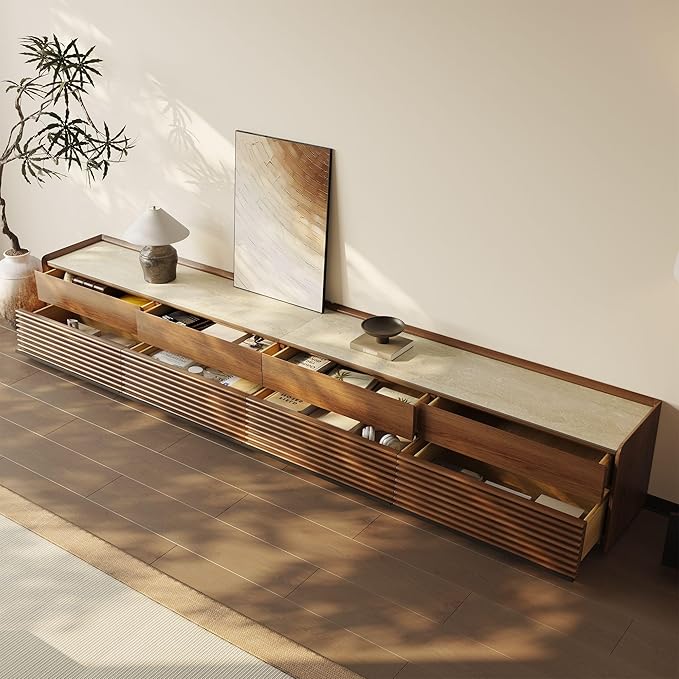POVISON Fully-Assembled Mid Century Glossy Sintered Stone TV Stand, 118.11" - Image 3