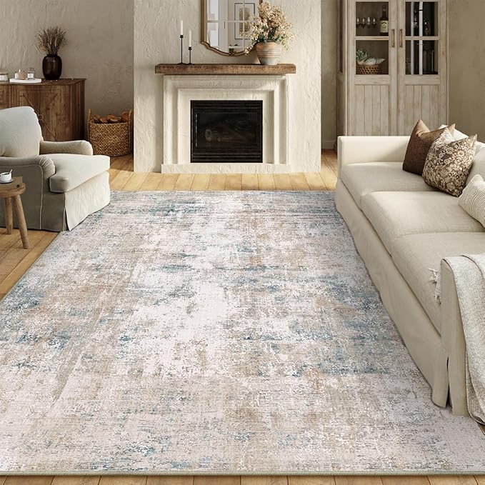 9x12 Washable Area Rug Beige Blue Neutral Abstract Living Room Bedroom Large - Image 5