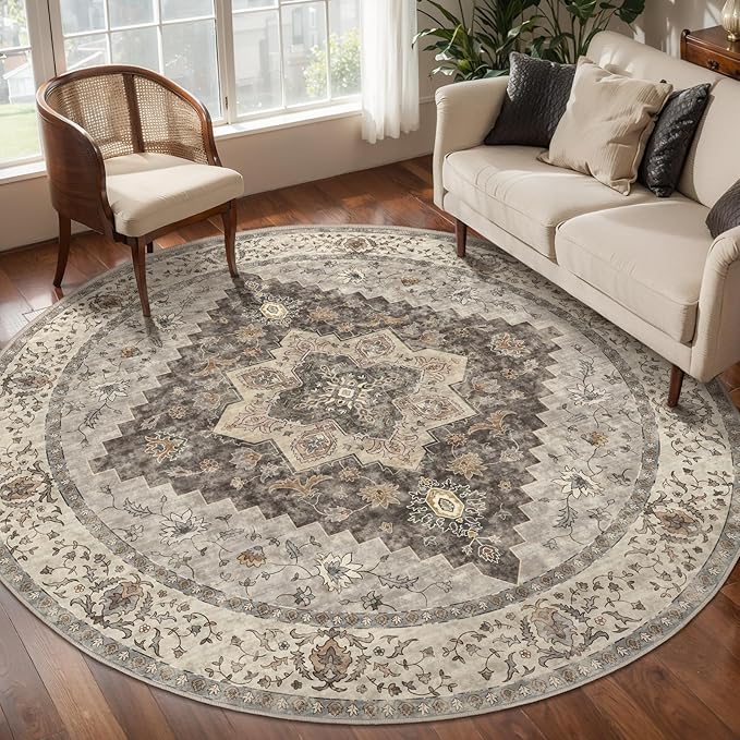 Tangsoo Vintage Round Rug 5ft, Washable Circle Rug, Non Slip Boho Round Area Rug - Image 5