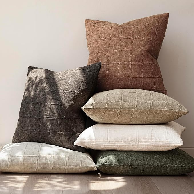 Foindtower Set of 2 Decorative Linen Check Throw Pillow Covers Neutral - Image 7