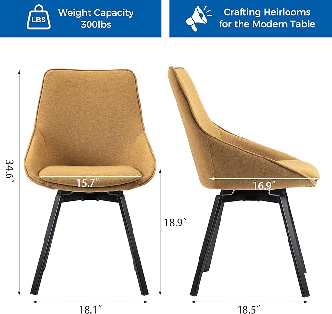 Dining Chairs Set of 2 Yellow Living Room Chairs Fabric Upholstered Kitchen - Image 2