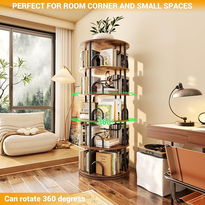 Aheaplus 5 Tier Rotating Bookshelf Tower, 360 Display Spinning Bookcase - Image 2