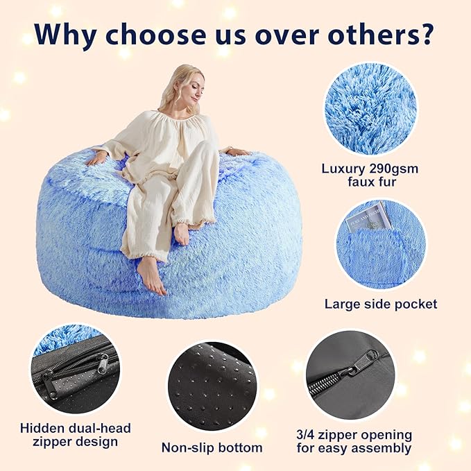 Bean Bag Covers Only, Fluffy Stuffed Beanbag Chair Covers No Filler, Washable - Image 5
