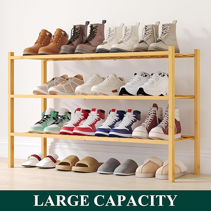 Smiry Shoe Rack, 3 Tier Long Bamboo Shoe Organizer, Stackable Free Standing - Image 5