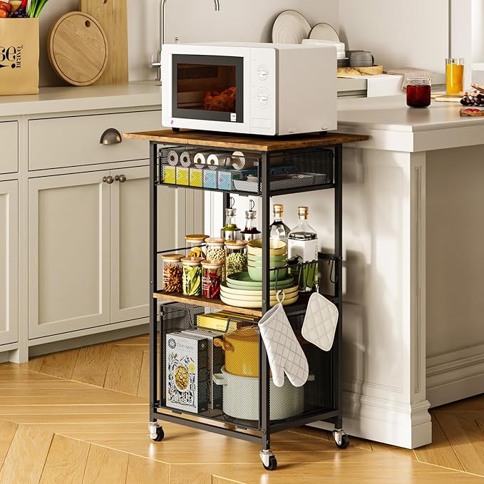Microwave Stand with Drawers & Hooks, 3-Tier Rolling Kitchen Cart - Image 4